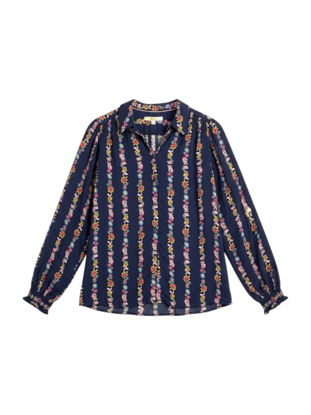 Boden Floral Button-Up Blouse Navy Stripe Print Smocked Women’s 6 US‎